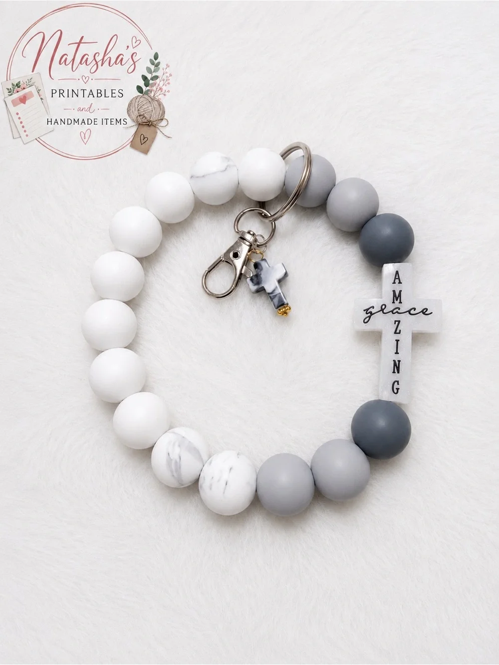 Gray & White Beaded Amazing Grace Keychain Wristlet